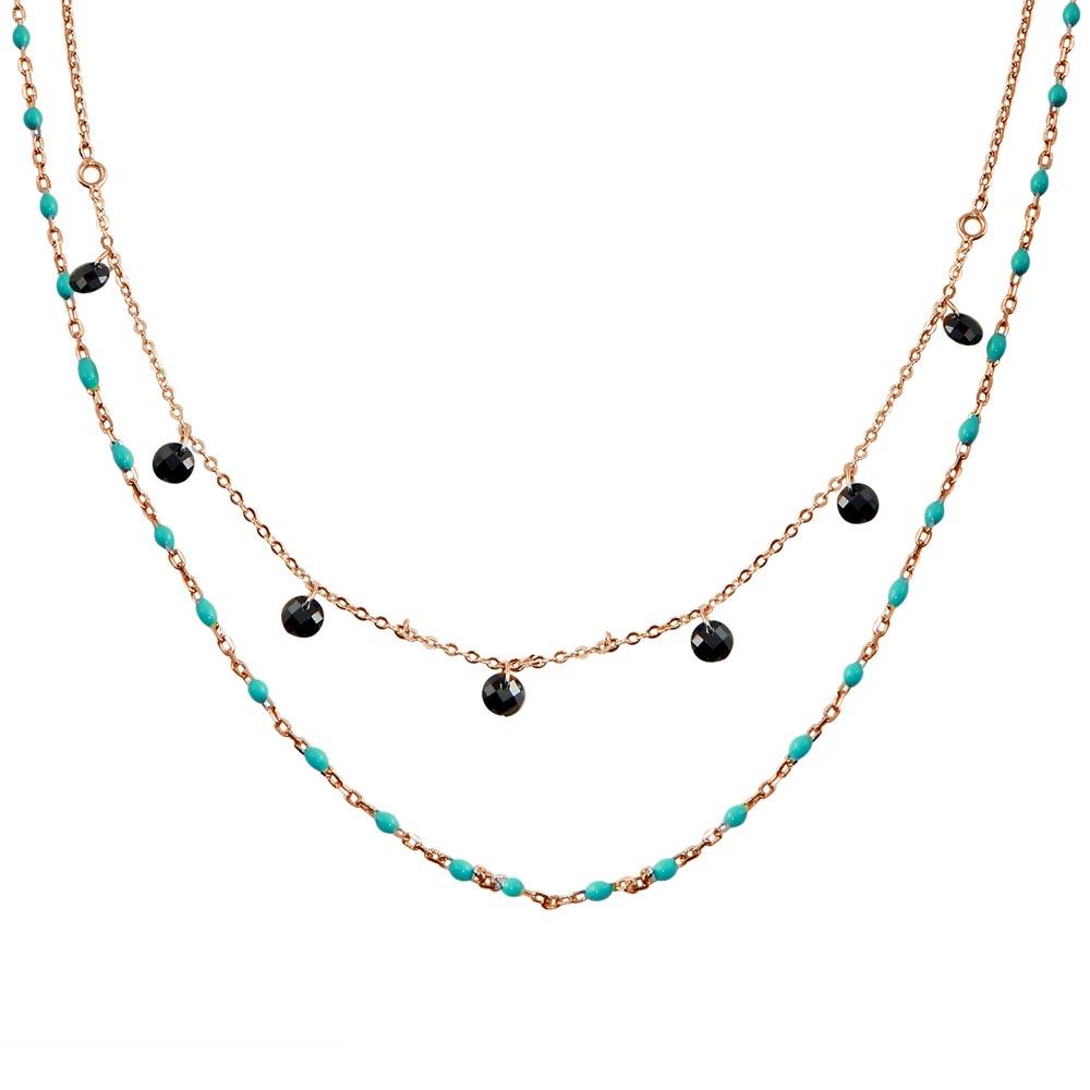 Rose Gold Plated 925 Sterling Silver Double Chain Dangling Black CZ with Turquoise Beads - ECN00055RGP