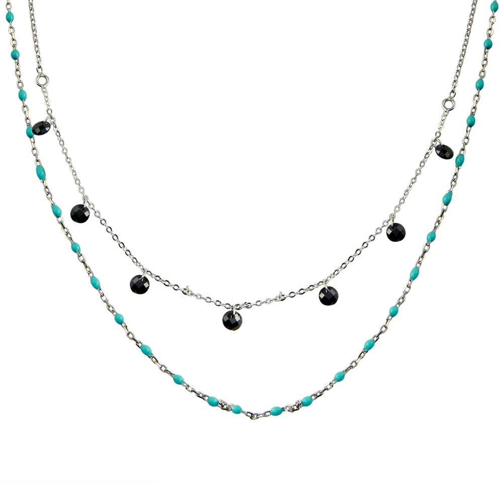 Rhodium Plated 925 Sterling Silver Double Chain Dangling Black CZ with Turquoise Beads - ECN00055RH