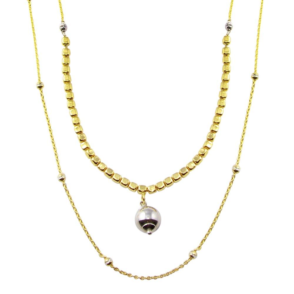 Gold Plated 925 Sterling Silver Multi Chain Cube and Bead Necklace - ECN00059GP