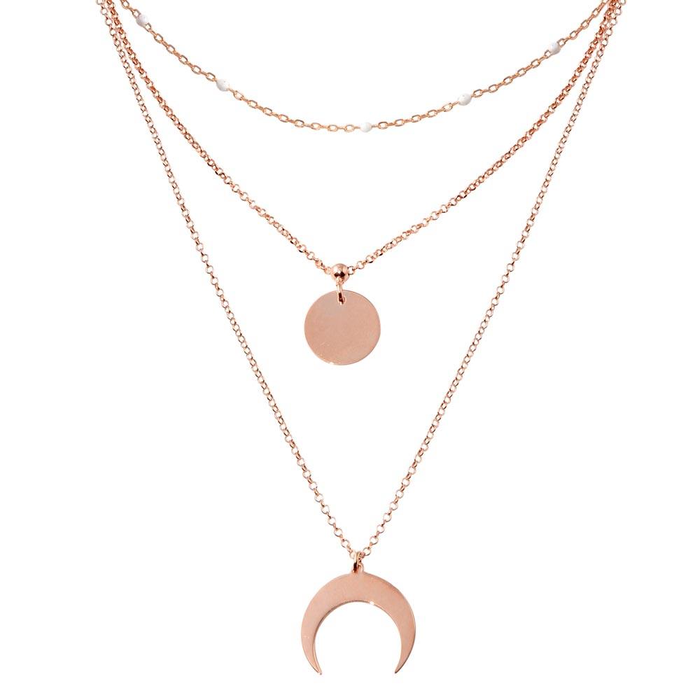 Rose Gold Plated 925 Sterling Silver Multi Chain White Enamel Beaded Disc and Crescent Necklace - ECN00065RGP