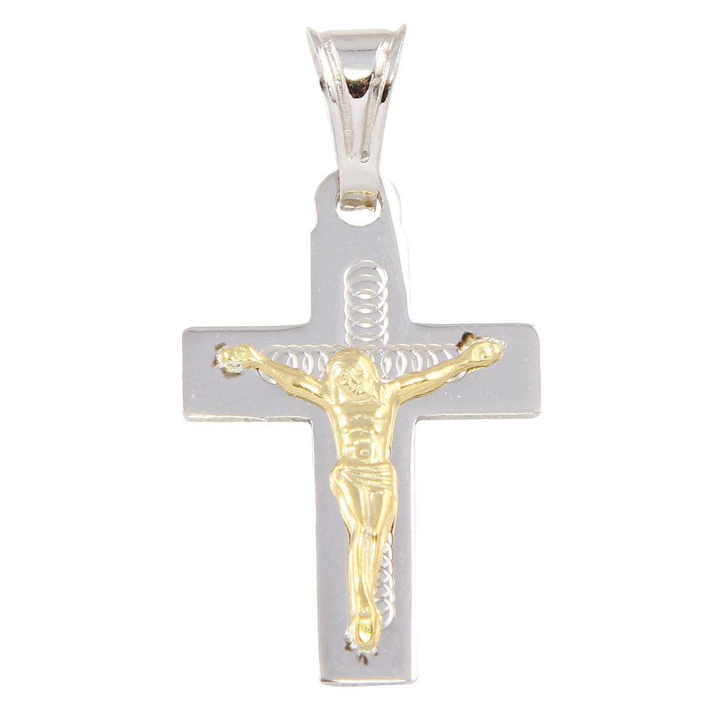 Two Tone 925 Sterling Silver Small Jesus Cross Pendant - ECP00011RH-GP