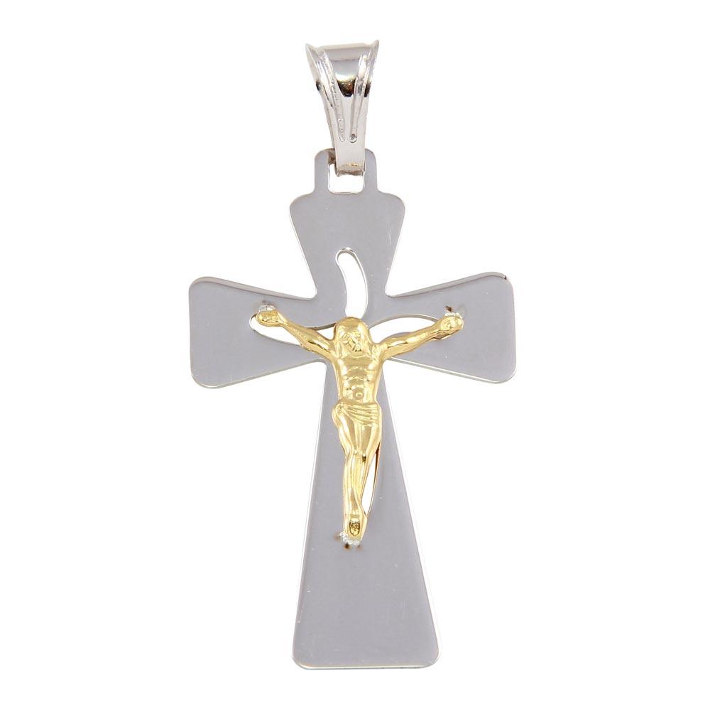 Two Tone 925 Sterling Silver Medium Jesus Cross Pendant - ECP00012RH-GP