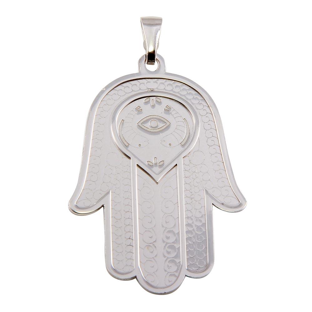 Rhodium Plated 925 Sterling Silver Large Hamsa Pendant - ECP00008RH