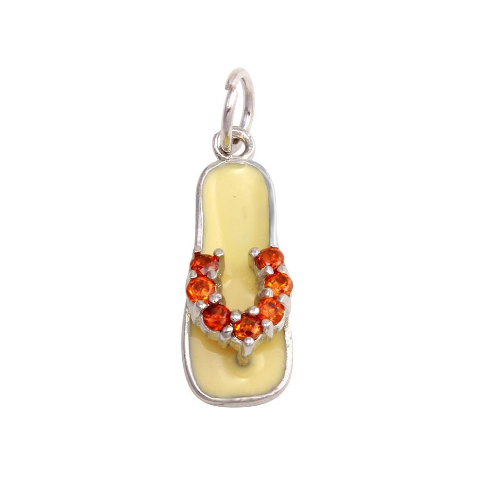 Rhodium Plated 925 Sterling Silver White Enamel Orange CZ Sandal Pendant - FFP00001ORG