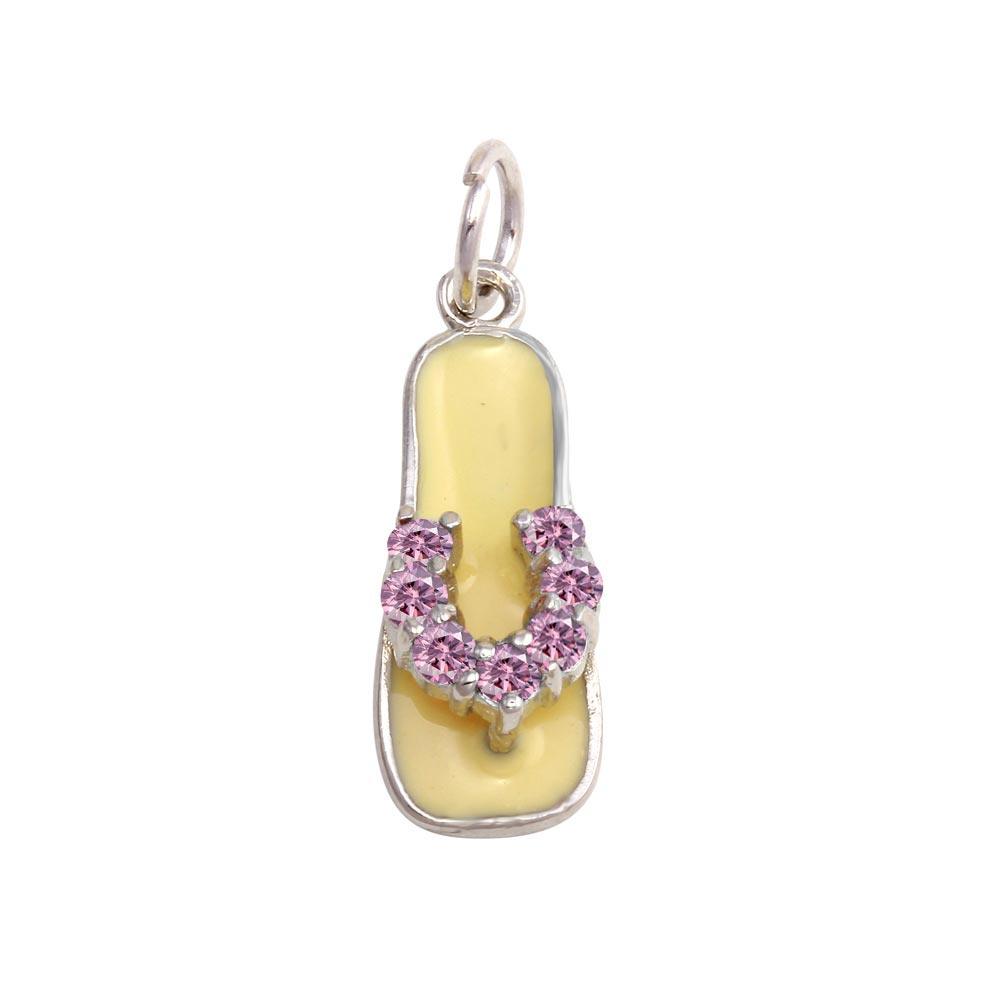 Rhodium Plated 925 Sterling Silver White Enamel Pink CZ Sandal Pendant - FFP00001PNK