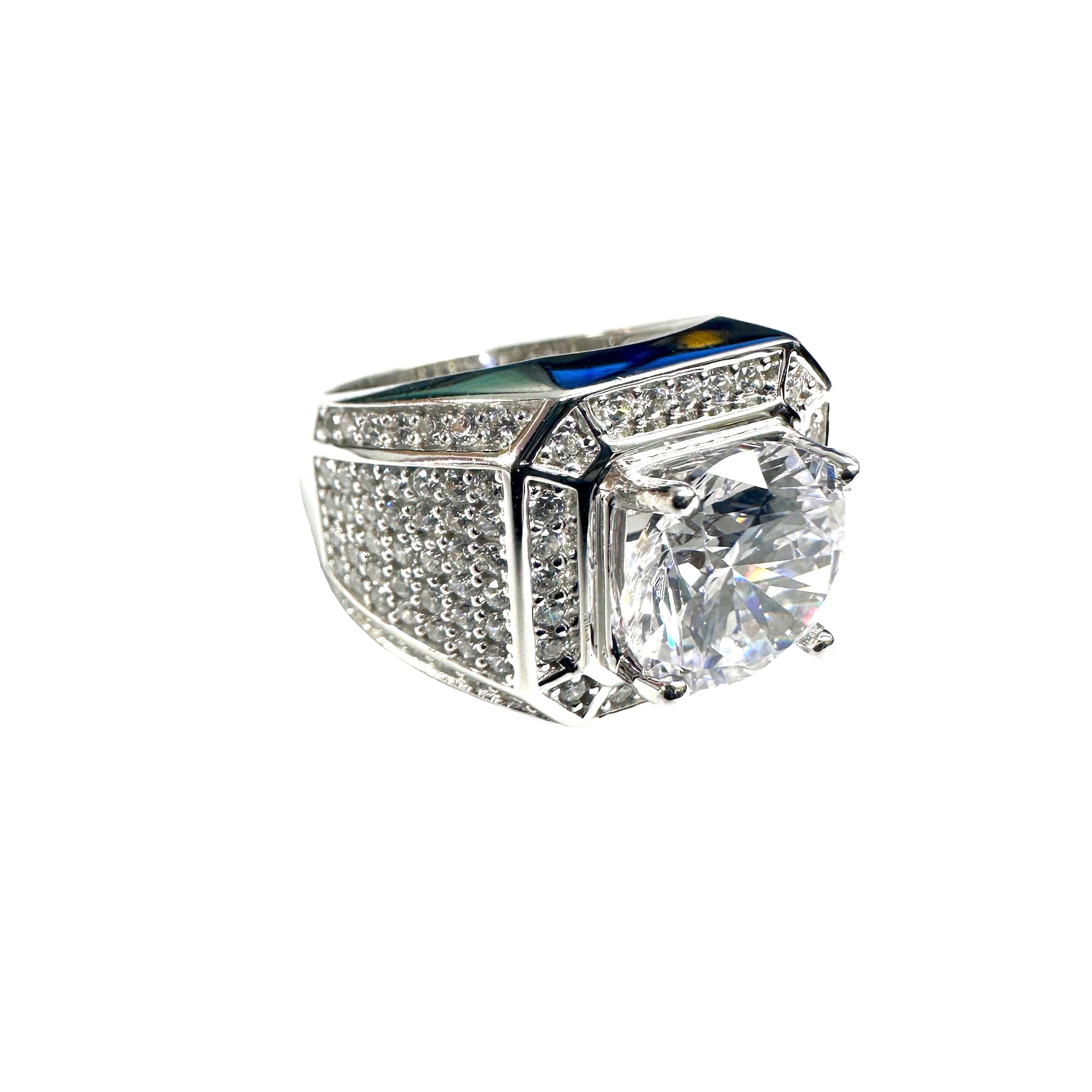 Rhodium Plated 925 Sterling Silver Statement Studded Small and Top 9mm Clear CZ Ring - GMR00374