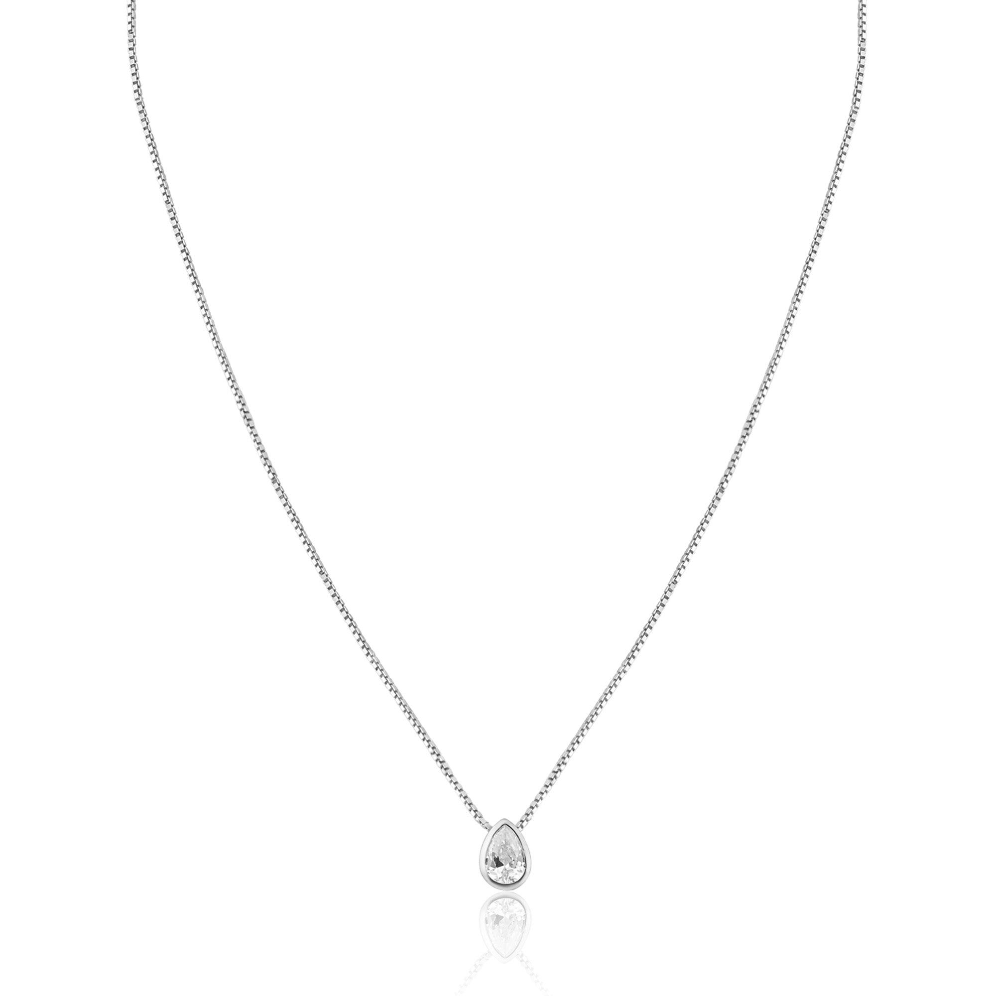 Rhodium Plated Teardrop Clear CZ Pendant Necklace - GCP00002RH