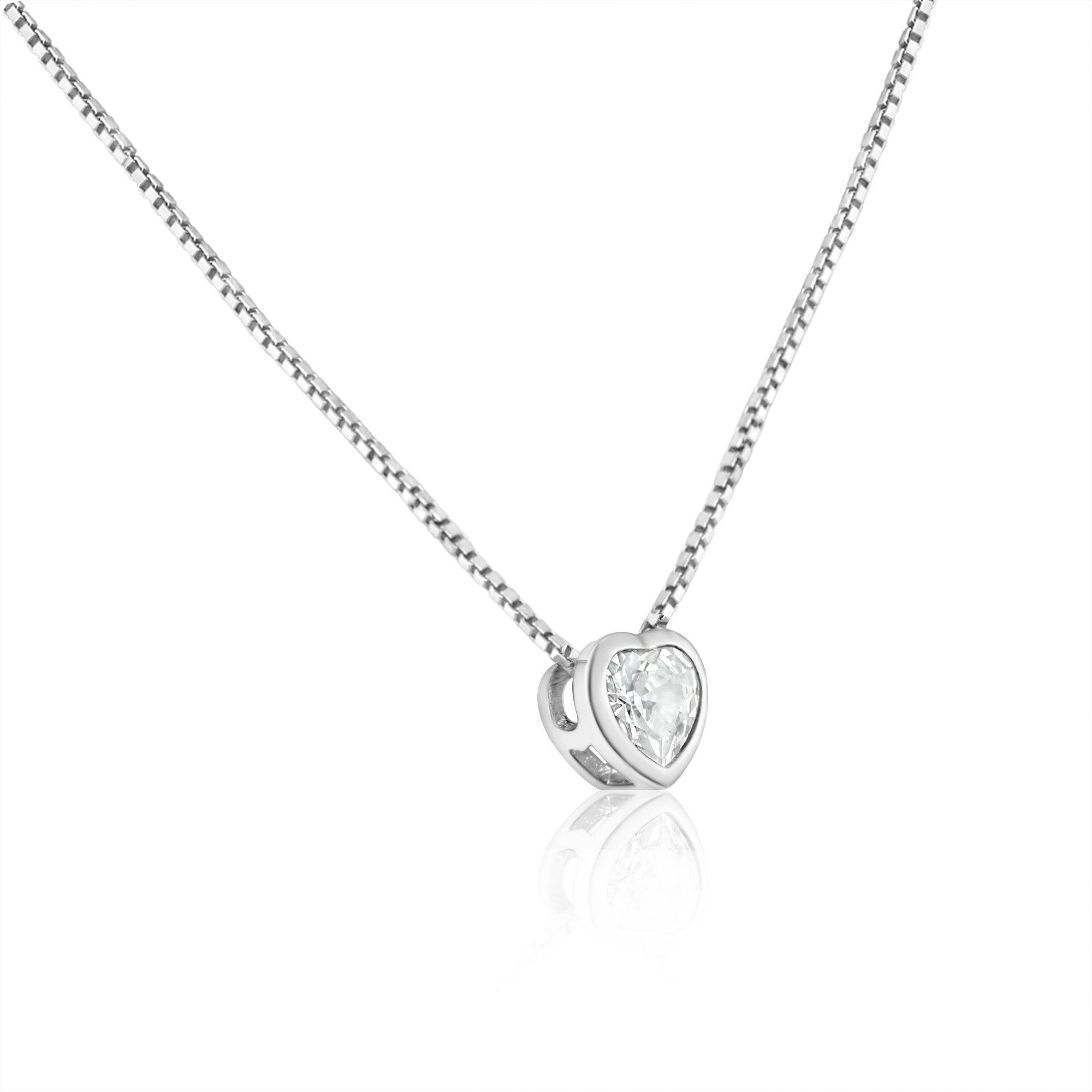 Rhodium Plated Heart Clear CZ Solitaire Necklace - GCP00003RH