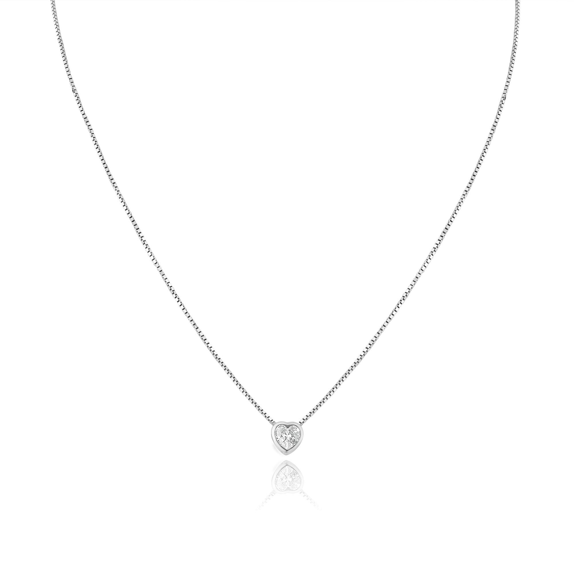 Rhodium Plated Heart Clear CZ Solitaire Necklace - GCP00003RH