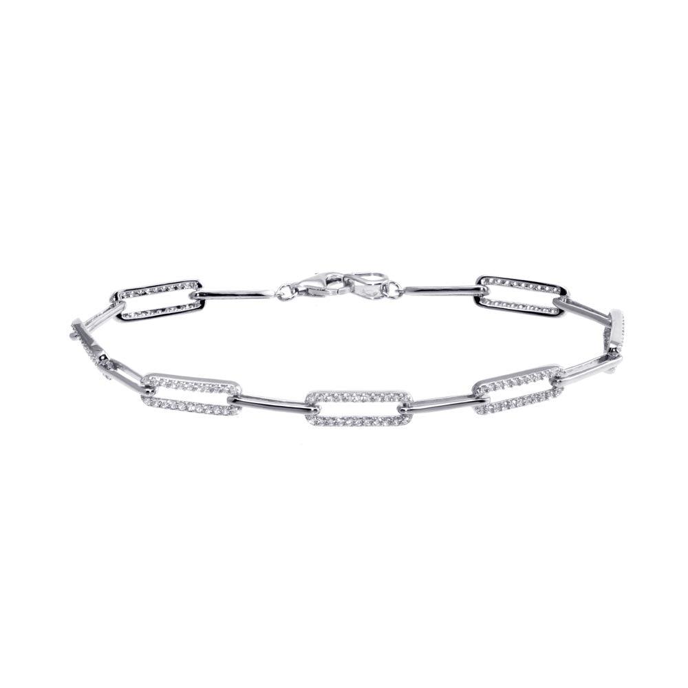 Rhodium Plated 925 Sterling Silver CZ Paperclip Bracelet 7.25 - GMB00090