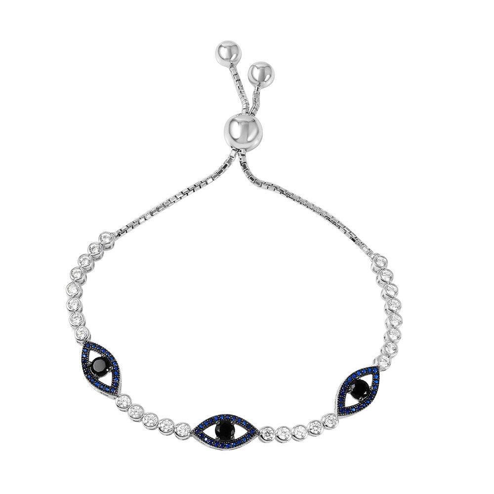 Silver 925 Rhodium Plated 3 Blue CZ Evil Eye Bubble Link Bracelet - GMB00034B-S-B