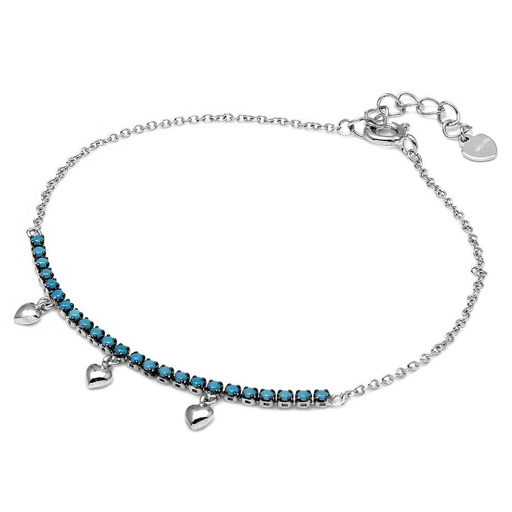 Rhodium Plated 925 Sterling Silver Turquoise Stones with Hanging Hearts Bracelet - GMB00041BLK-T