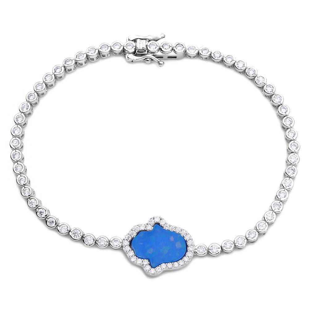 Rhodium Plated 925 Sterling Silver Round CZ Tennis Bracelet with Blue Enamel Hamsa - GMB00045RH