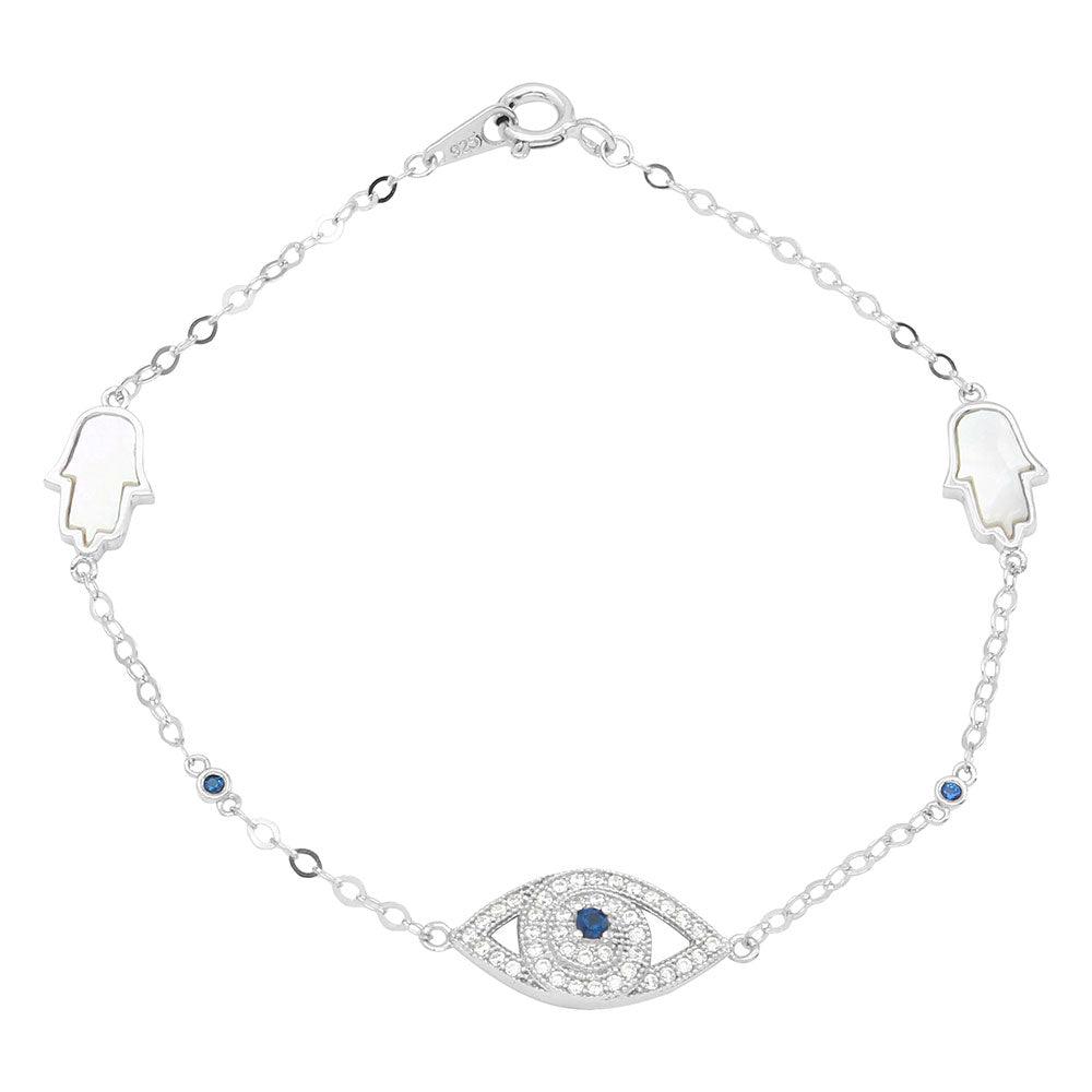 Rhodium Plated 925 Sterling Silver CZ Evil Eye and Mother of Pearl Hamsa Bracelet - GMB00048