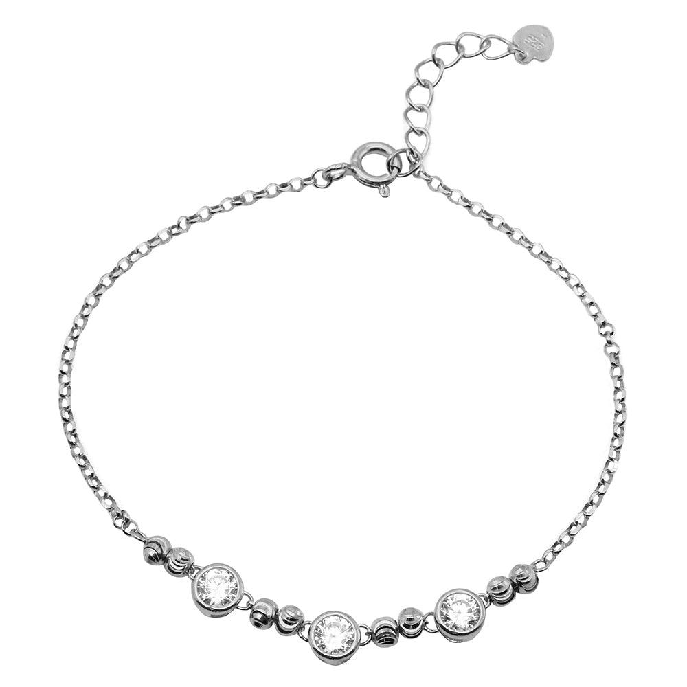 Rhodium Plated 925 Sterling Silver Beaded 3 Stones Link Bracelet - GMB00053RH