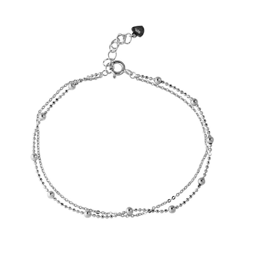 Rhodium Plated 925 Sterling Silver Double Strand DC Bead Chain Bracelet - GMB00055RH