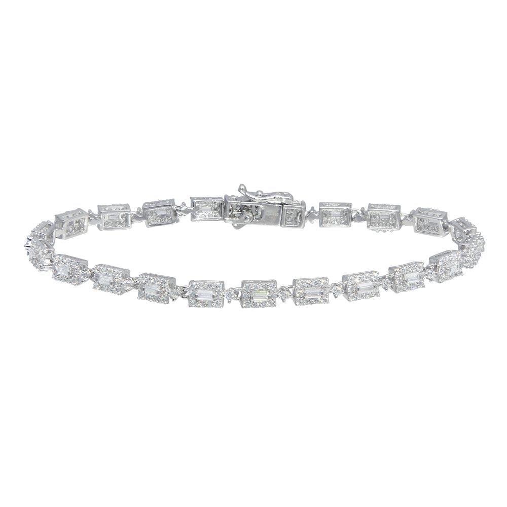 Rhodium Plated 925 Sterling Silver 4mm Square Baguette Center CZ Tennis Bracelet - GMB00065