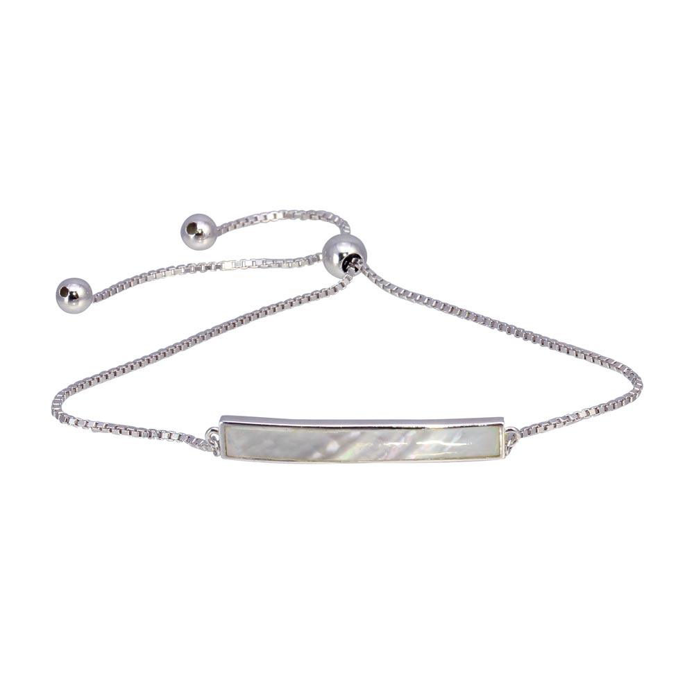 Rhodium Plated 925 Sterling Silver Synthetic Mother of Pearl Bar Chain Lariat Bracelet - GMB00067