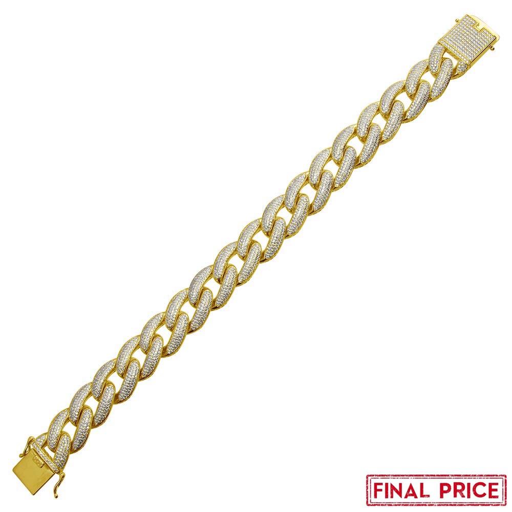 Gold Plated 925 Sterling Silver CZ Encrusted Miami Cuban Link Bracelet 16.0mm - GMB00073GP