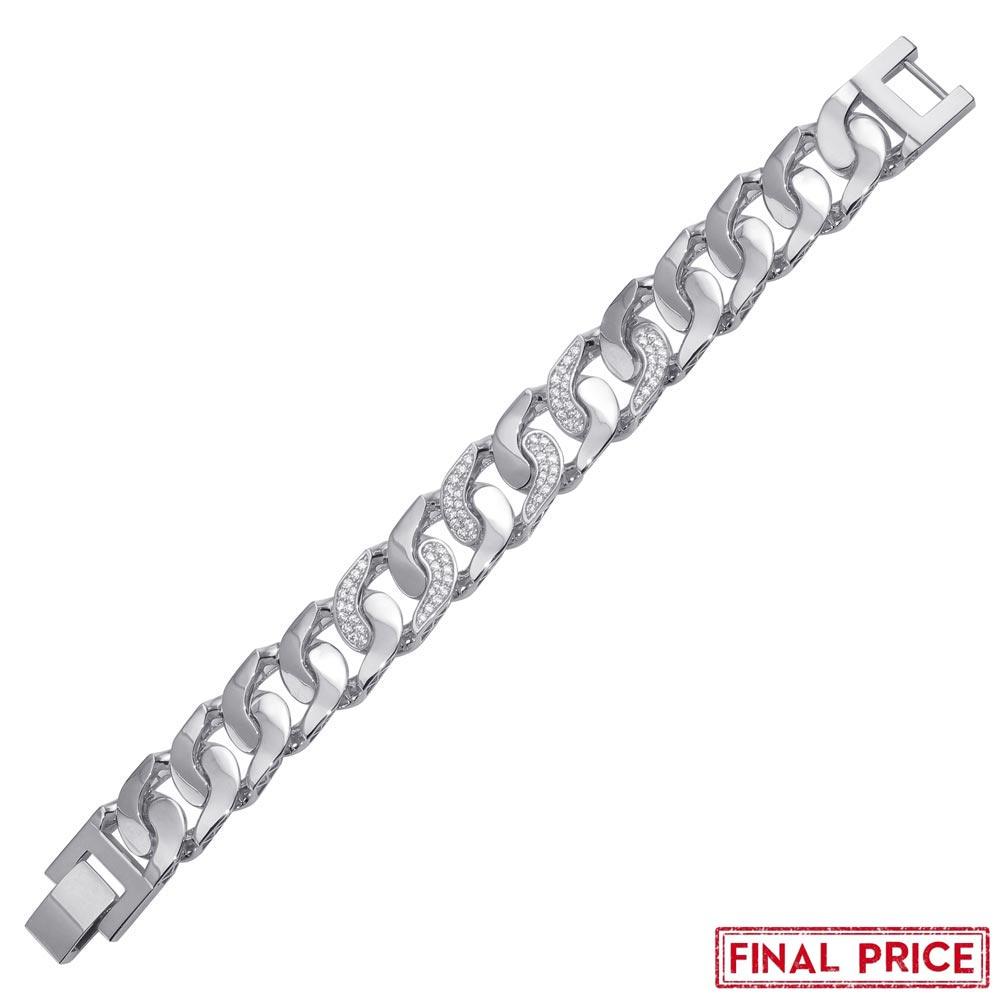 Rhodium Plated 925 Sterling Silver CZ Link Bracelet 17.3mm - GMB00079