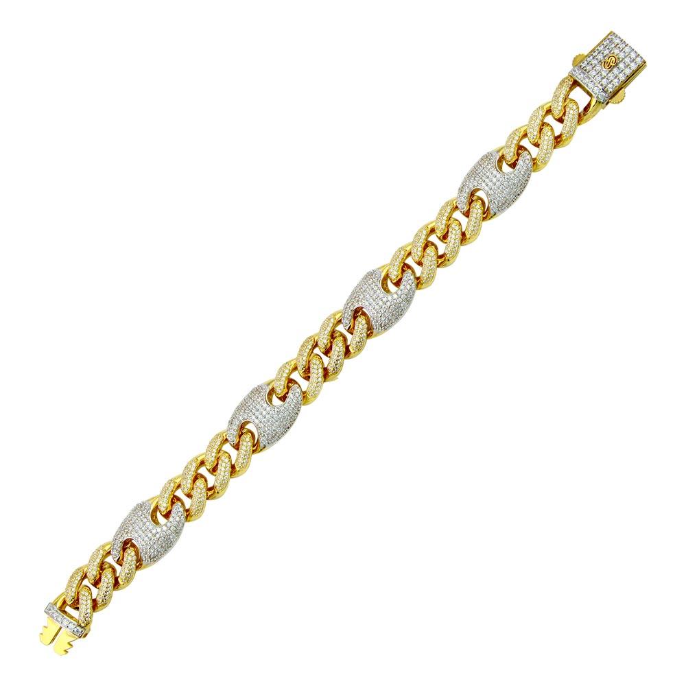 Gold Plated 925 Sterling Silver CZ Encrusted Cuban Mariner Link Bracelet 13mm - GMB00093GR