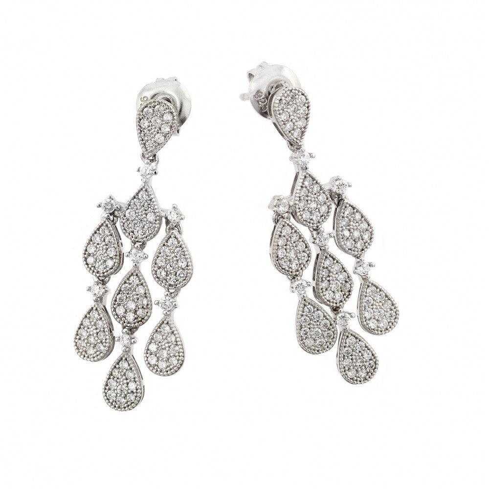 Silver 925 Rhodium Plated Filigree CZ Chandelier Dangling Stud Earring - GME00002RH