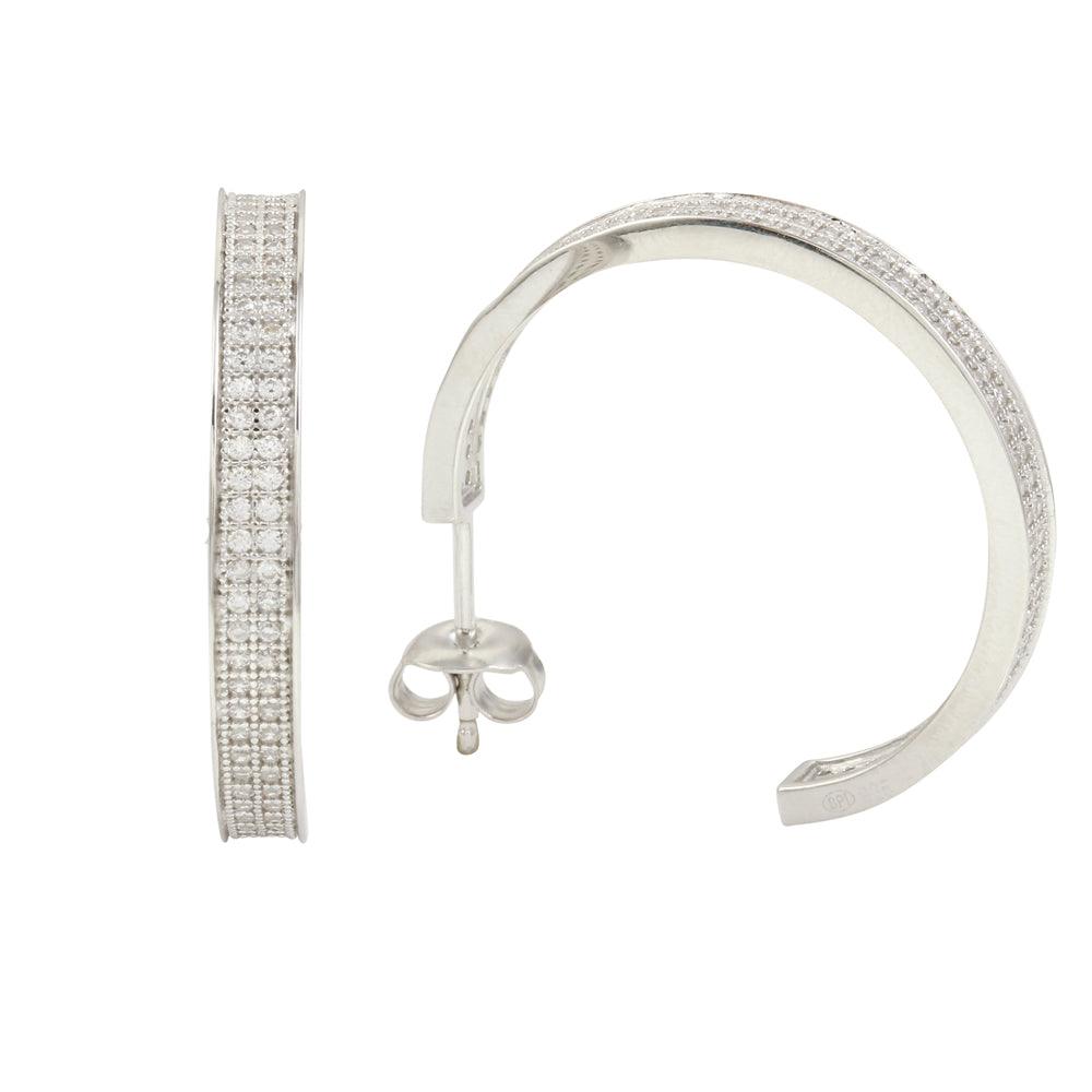 Rhodium Plated 925 Sterling Silver Semi Hoop Earrings with CZ - GME00003RH