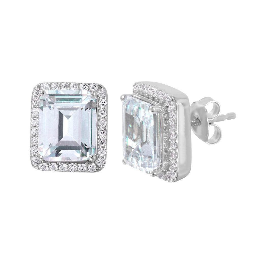 Silver 925 Rhodium Plated Round Square CZ Stud Earrings - GME00013RH