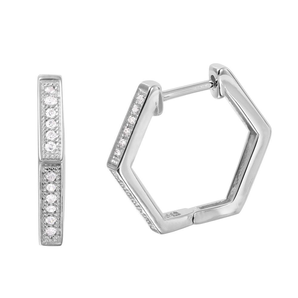 Silver 925 Rhodium Plated Thin Octagon CZ Hoop Earrings - GME00033RH