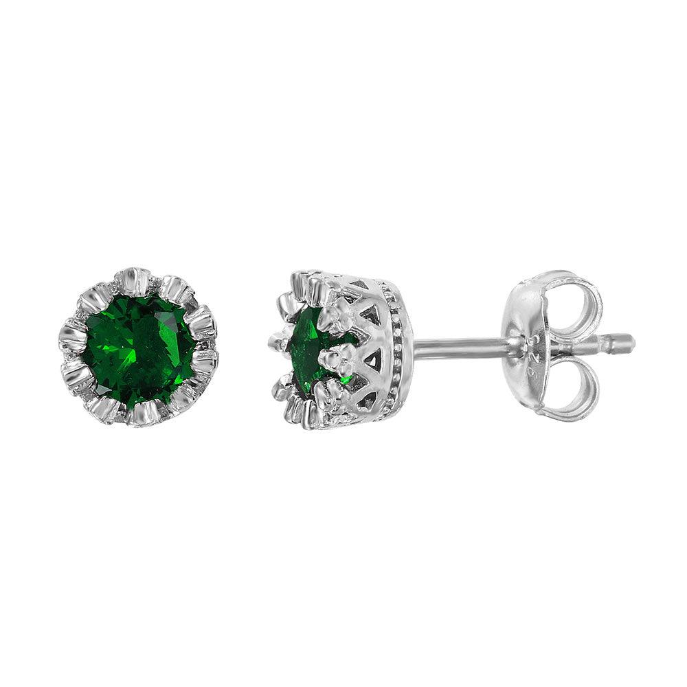 Silver 925 Rhodium Plated Crown Set Studs with Green CZ Stone - GME00034RH-GREEN