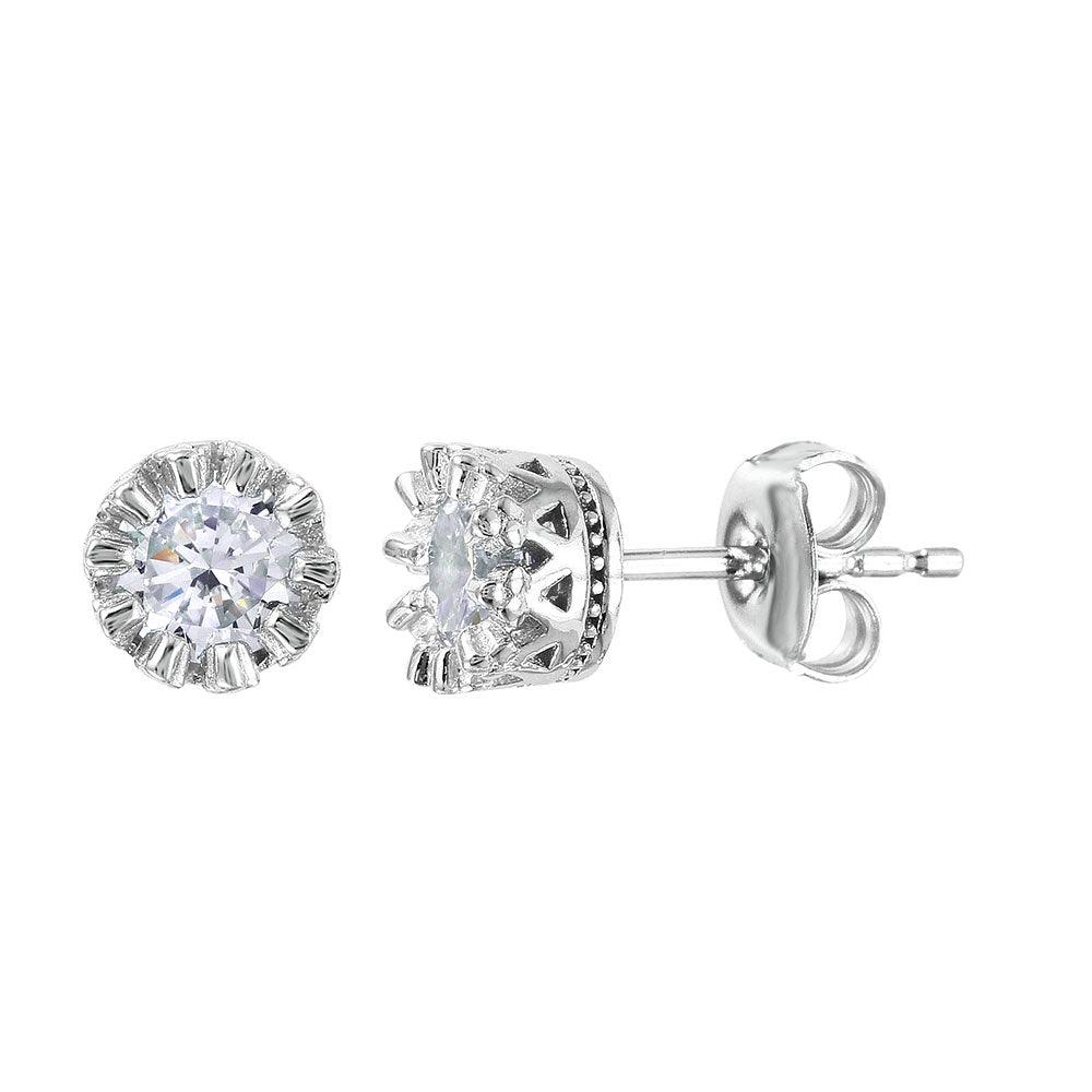 Silver 925 Rhodium Plated Crown Set Studs with Clear CZ Stone - GME00034RH-WHITE