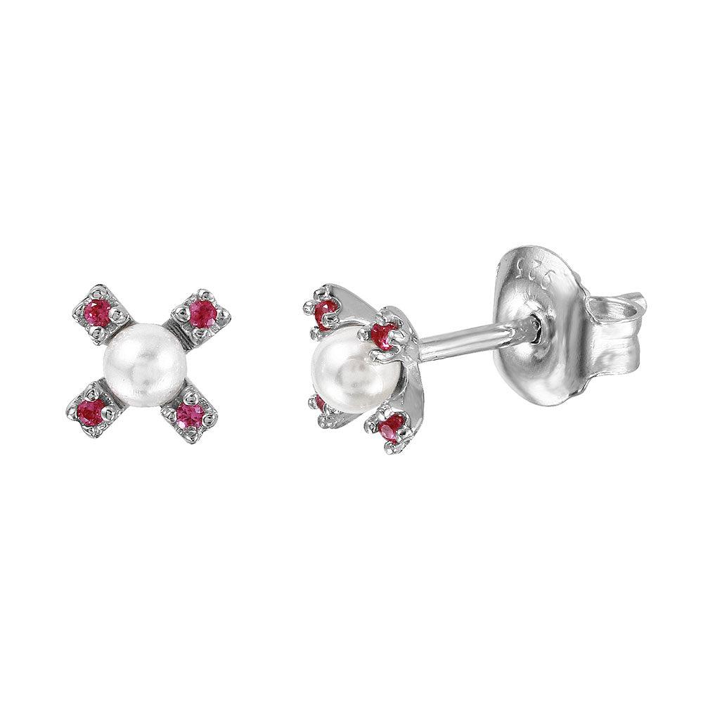 Silver 925 Rhodium Plated CZ Flower Studs with Synthetic Pearl - GME00035RH-RED