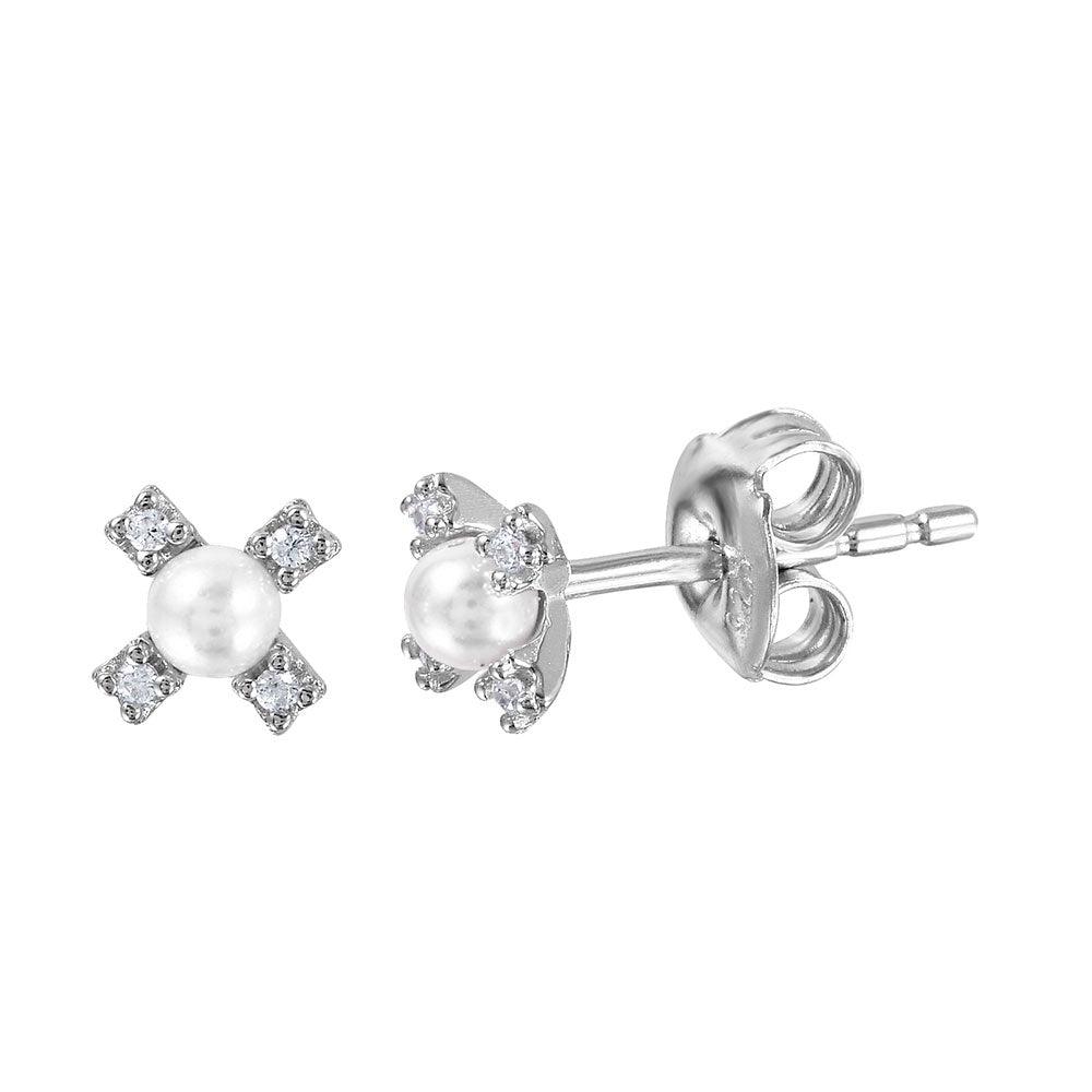 Silver 925 Rhodium Plated CZ Flower Studs with Synthetic Pearl - GME00035RH-WHITE