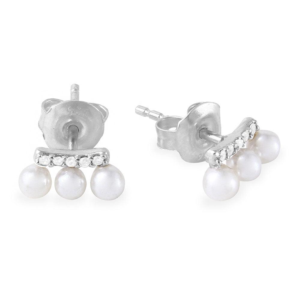 Rhodium Plated 925 Sterling Silver Trio Fresh Water Pearl with CZ Earring - GME00036RH