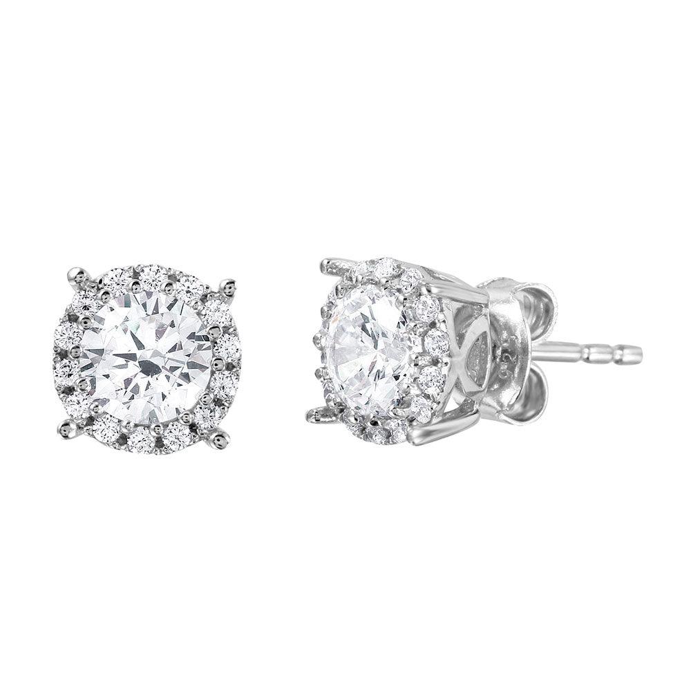 Silver 925 Rhodium Plated Halo Studs with Clear CZ Stone - GME00037-WHITE