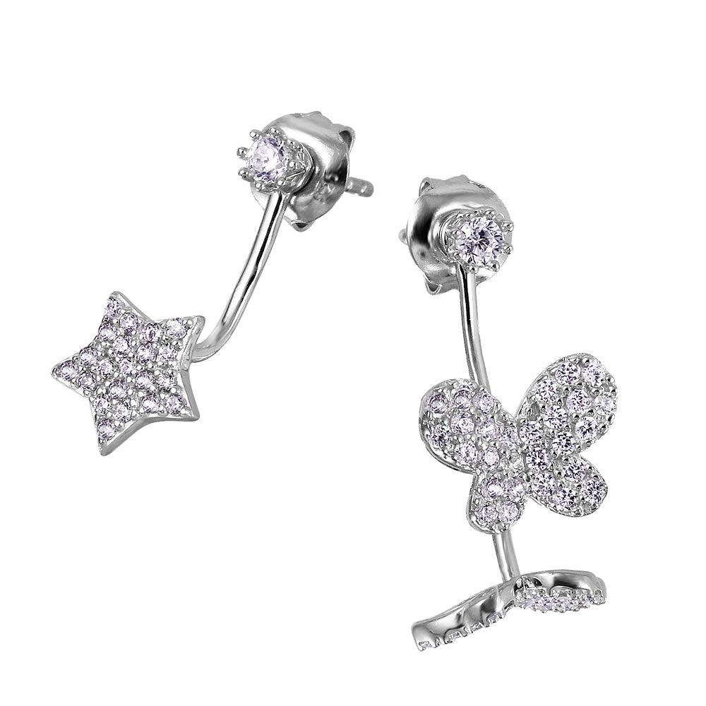 Silver 925 Rhodium Plated Hanging CZ Star and Butterfly Earrings - GME00038RH