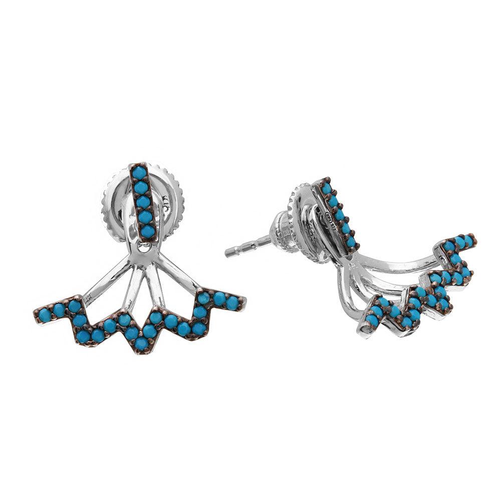 Rhodium Plated 925 Sterling Silver Turquoise Bar Earrings With Hanging Zigzag Backing - GME00055BLK-T