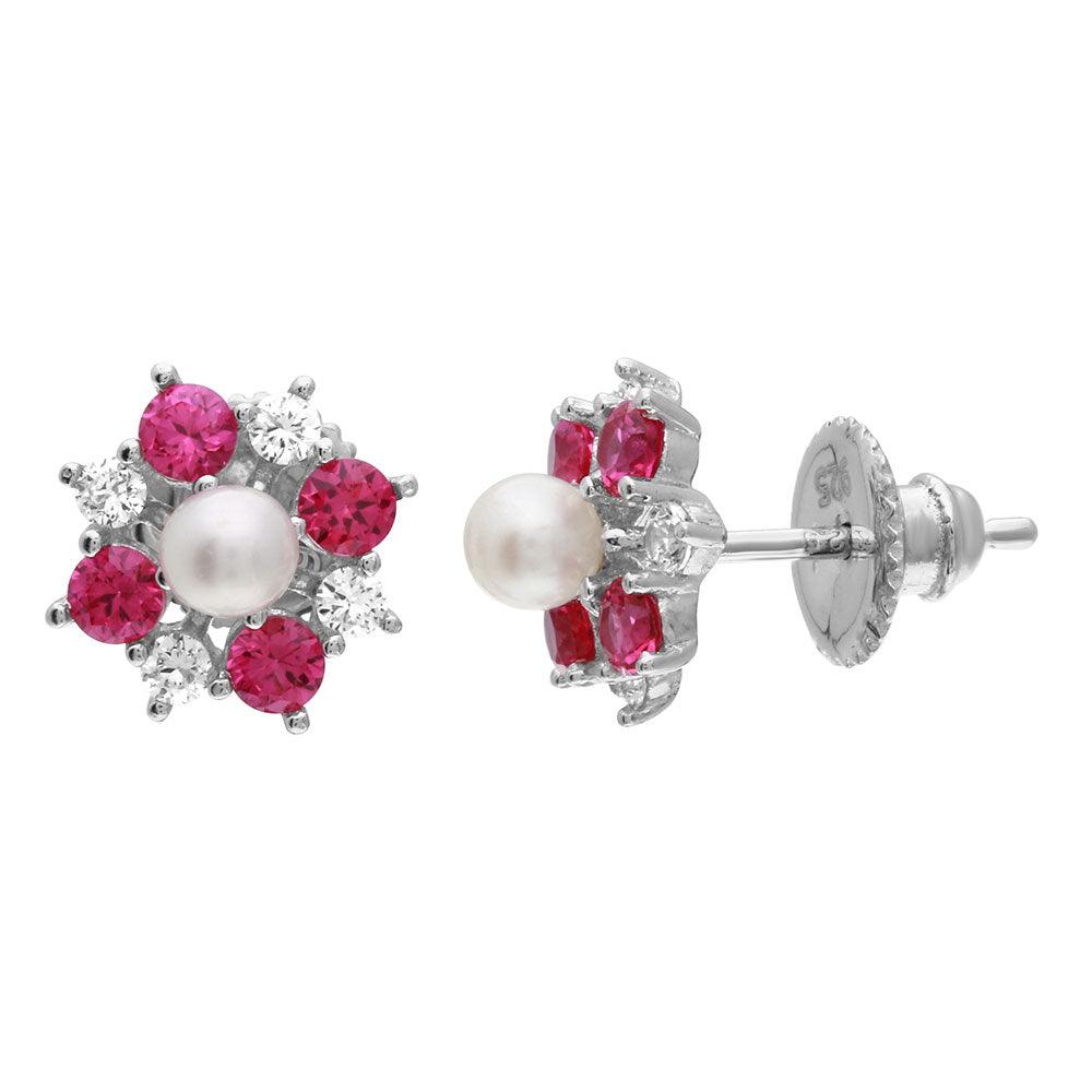 Silver 925 Rhodium Plated Red CZ Flower Earrings with Center Fresh Water Pearl - GME00065RED