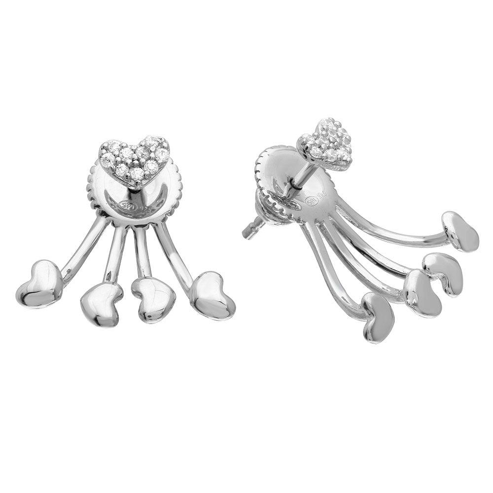 Rhodium Plated 925 Sterling Silver CZ Heart Earrings With Hanging Heart Backing - GME00073RH