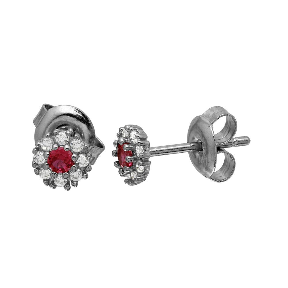 Rhodium Plated 925 Sterling Silver CZ Flower Stud Earring with Red Center Stone - GME00089RH