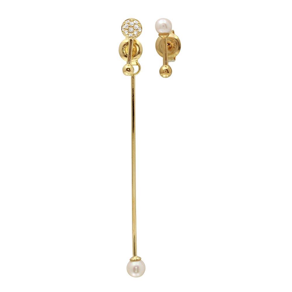 Gold Plated Asymmetrical Front and Back Pin Earrings with CZ and Synthetic Pearl - GME00092GP