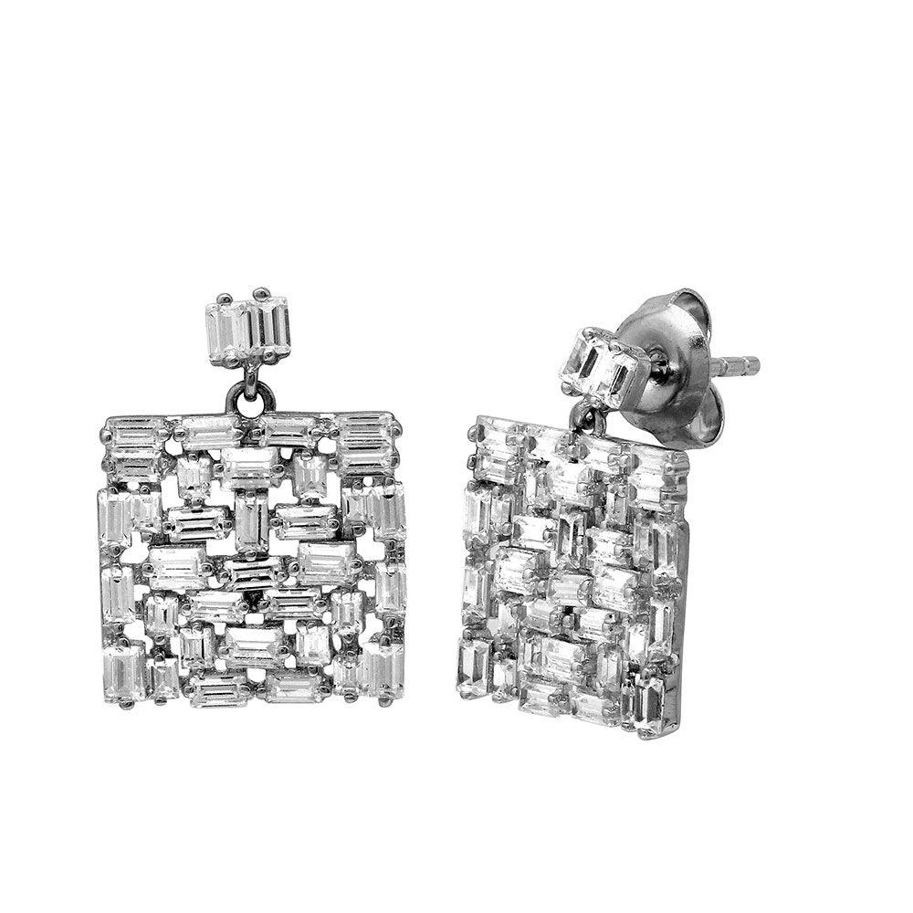 Rhodium Plated 925 Sterling Silver Square Multi Baguette CZ Dangling Earrings - GME00099