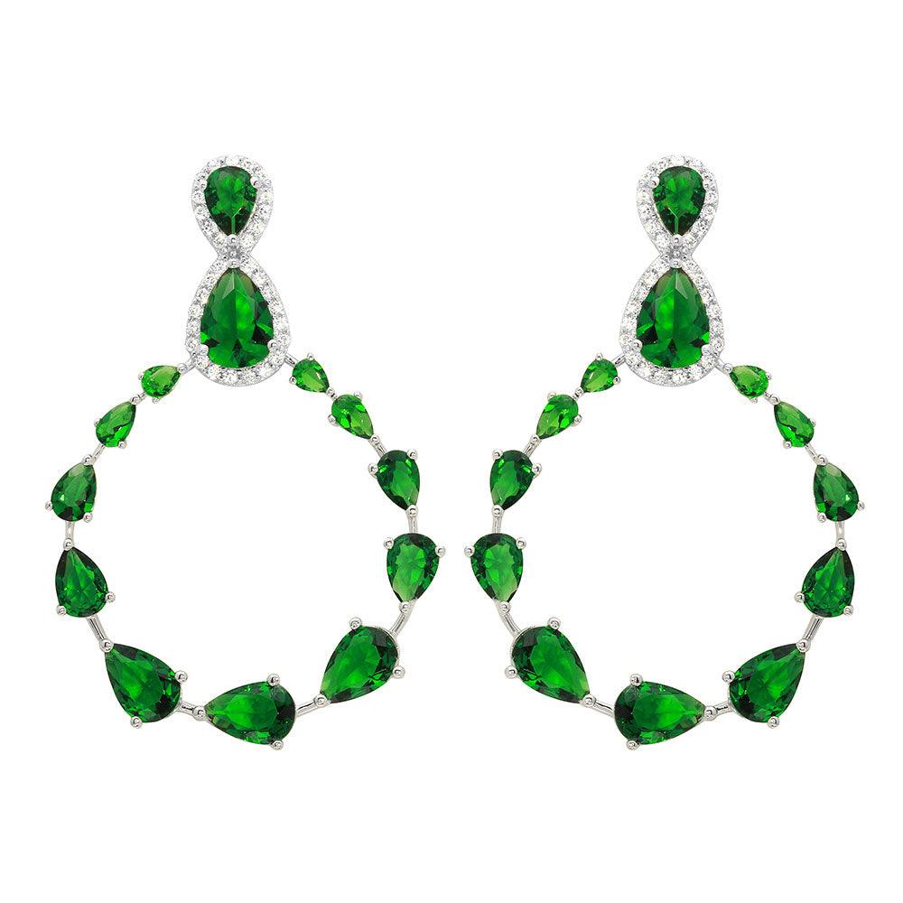 Rhodium Plated 925 Sterling Silver Green and Clear Teardrop with Open Hanging Graduated CZ Earrings - GME00104-GREEN