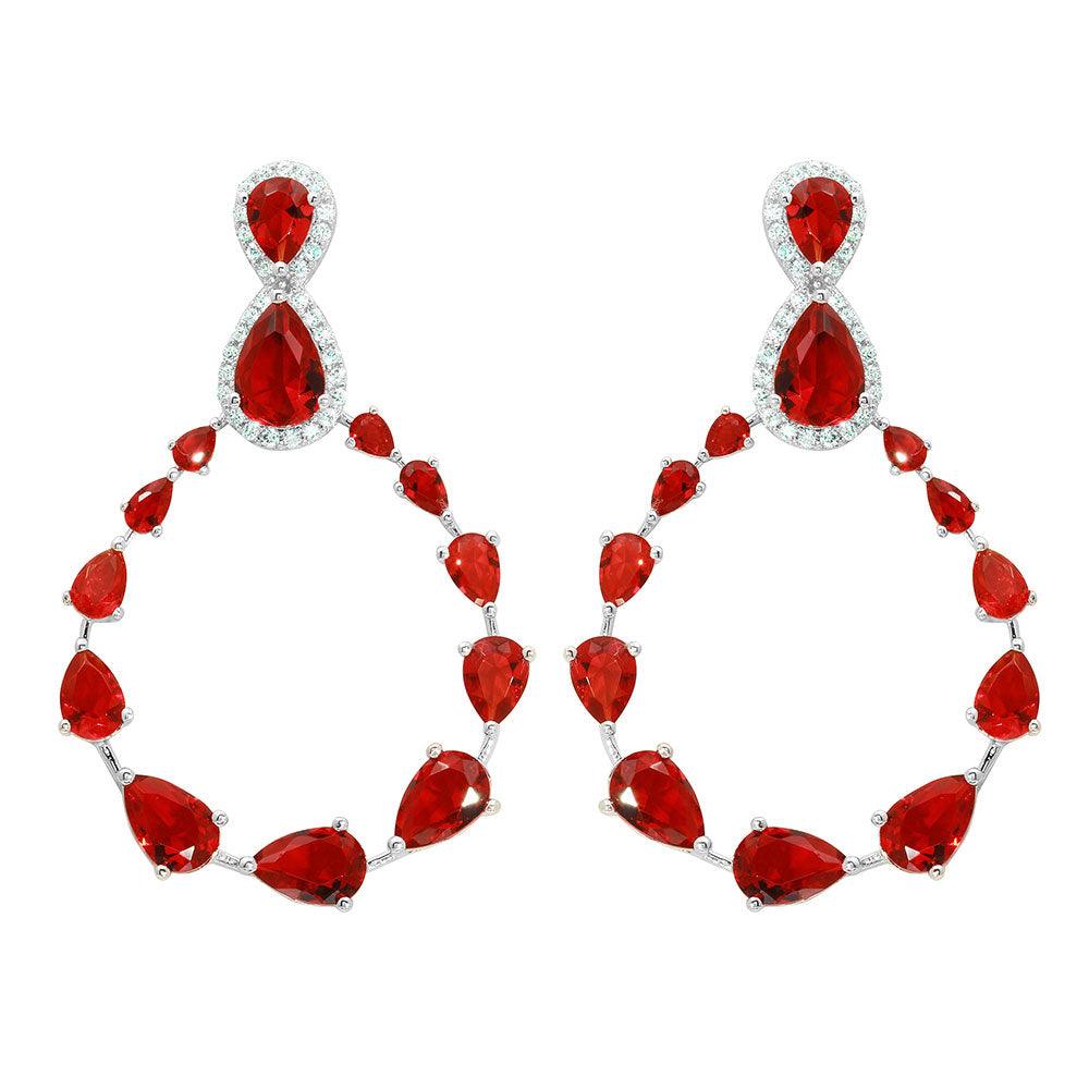 Rhodium Plated 925 Sterling Silver Red and Clear Teardrop with Open Hanging Graduated CZ Earrings - GME00104-RED