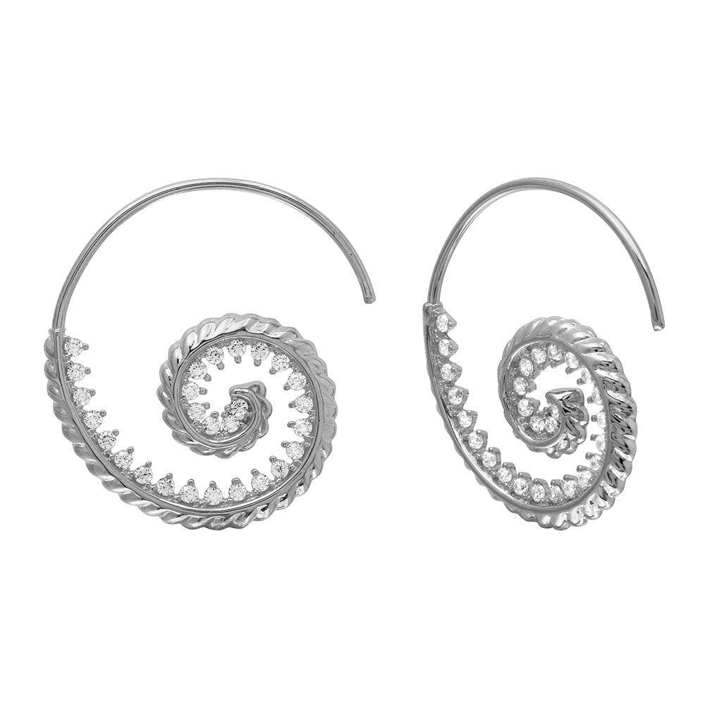 Rhodium Plated 925 Sterling Silver Spiral Design CZ Earrings - GME00108RH