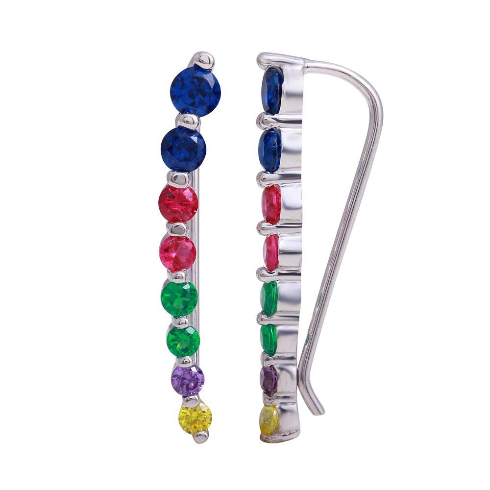 Rhodium Plated 925 Sterling Silver Round Multi-Colored CZ Stone Climbing Earrings - GME00116RBC