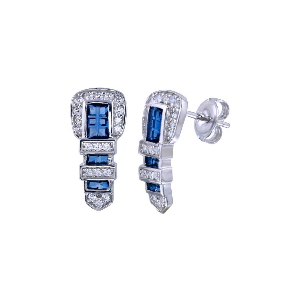 Rhodium Plated 925 Sterling Silver Belt Blue CZ Earring - GME00118BLUE