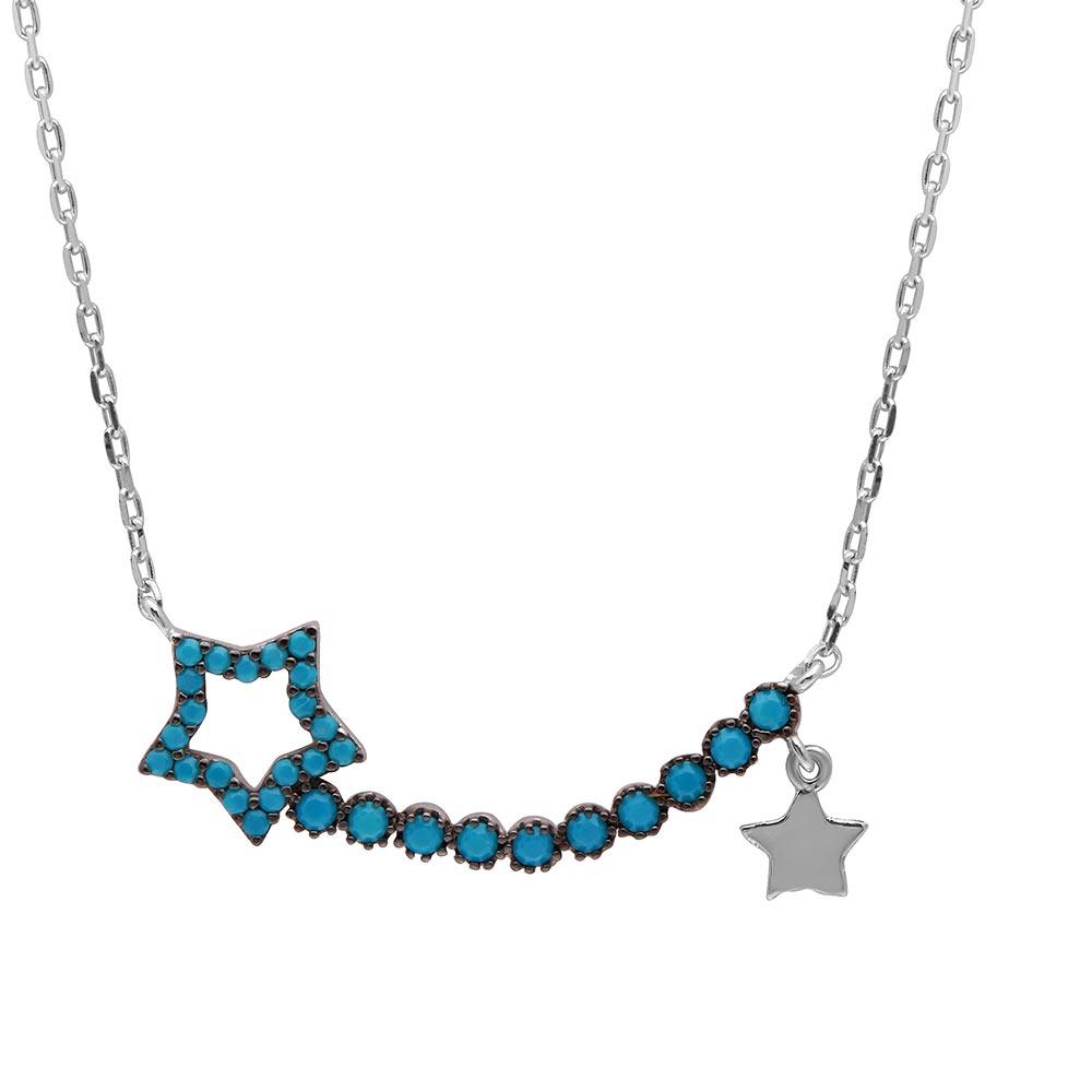 Silver 925 Rhodium Plated Turquoise Open Star Necklace - GMN00013RH