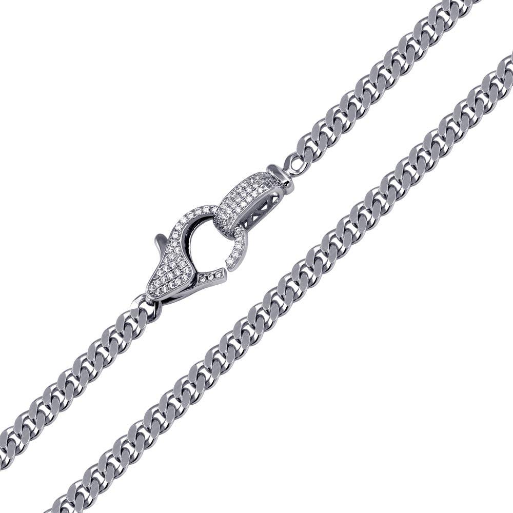 Rhodium Plated 925 Sterling Silver  CZ Lobster Clasp Cuban Necklace - GMN00190