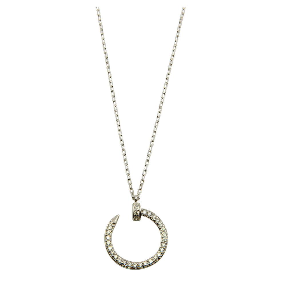 Rhodium Plated 925 Sterling Silver Round Nail Pendant Necklace - GMN00021